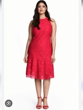H&M Midi Dress Red Floral Lace Overlay Prom Party Flounce Zip Back Satin Lined 6